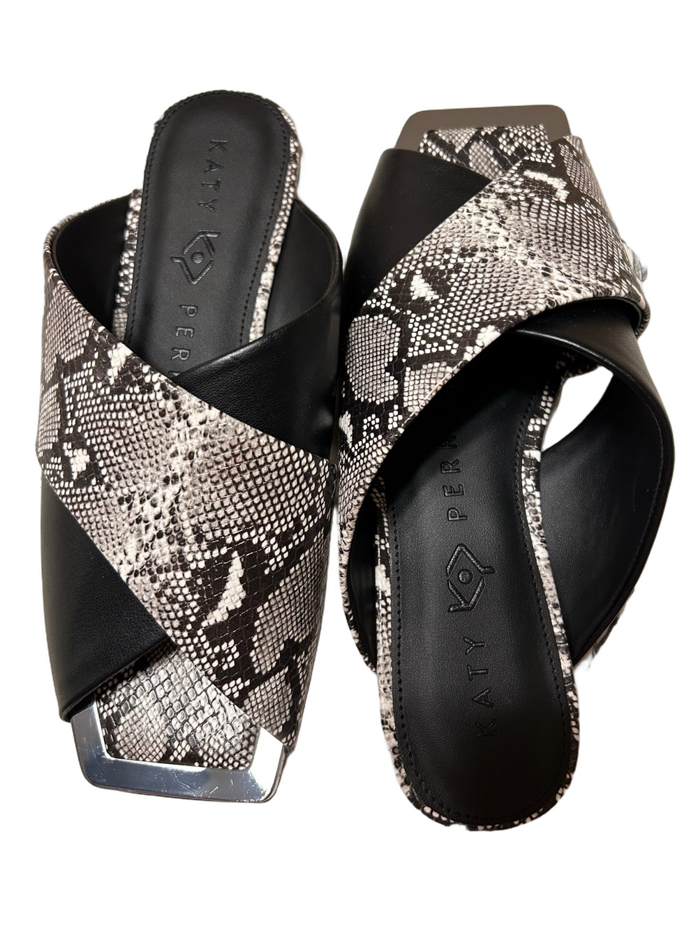 Katy Perry Collections Black & Snake Print Crisscross Slide Sandals size 8M GUC